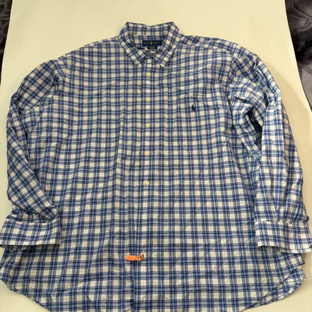 Ralph Lauren Mens Plaid Button Down Shirt 2XB Preppy Blue White Money Stretch